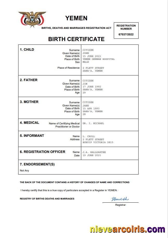Yemen vital record birth certificate